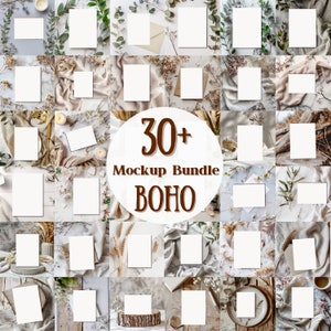 30 + Boho Einladung Mockup Bundle, 5 * 7 Invite Karten Rustikale Blumen Bänder Stoff Weizen Grüße Geburtstag Hochzeit PNG Digitaler Download