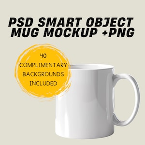 White 11oz Mug Mockup: Smart Object PSD, 40 Backgrounds (Digital Download)