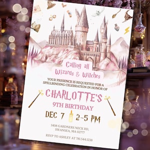 Invitación de cumpleaños editable de mago rosa, fiesta escolar de magia para niñas, castillo de brujas de hechicería digital