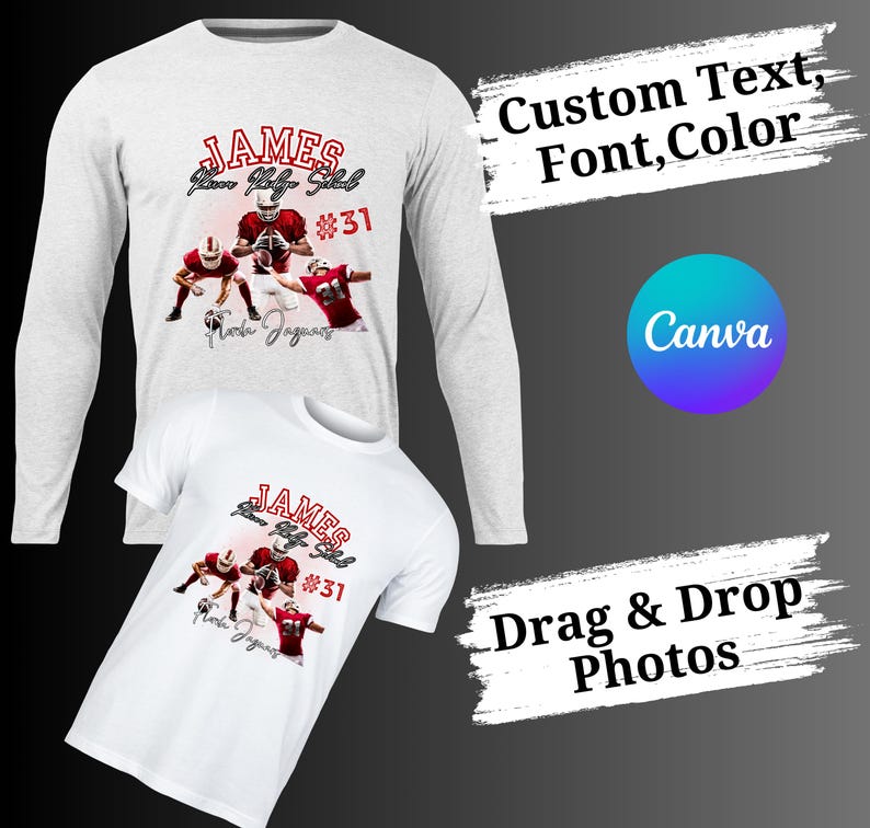 Puede incluir: Dos camisetas blancas con un dise&ntilde;o que presenta a un jugador de f&uacute;tbol americano con un uniforme rojo con el texto "JAMES" y "#31". El dise&ntilde;o tambi&eacute;n incluye las palabras "Florida Jaguars".