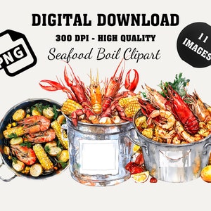 Seafood Boil PNG Clipart Bundle, Watercolor Crab Crawfish Lobster Shrimp Corn Mardi Gras Images Set, Digital Download, Canva Template