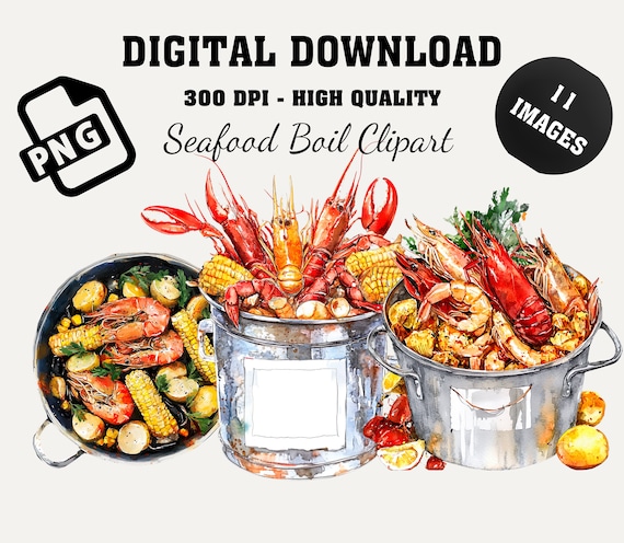 Seafood Boil PNG Clipart Bundle, Watercolor Crab Crawfish Lobster Shrimp Corn Mardi Gras