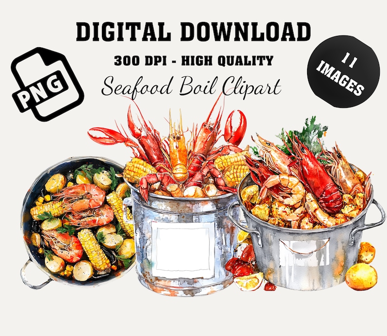 Digital download of 11 images of seafood boil clipart. The images are 300 DPI and high quality. The clipart includes a metal pot filled with shrimp, crawfish, corn on the cob, and potatoes. The clipart is in a watercolor style and is perfect for creating invitations, cards, and other crafts. PNG.