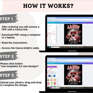 Puede incluir: Una gu&iacute;a paso a paso sobre c&oacute;mo usar Canva para crear un dise&ntilde;o personalizado. La gu&iacute;a incluye instrucciones sobre c&oacute;mo descargar un PDF con un enlace de Canva, acceder al enlace de Canva, hacer clic en el bot&oacute;n "Usar plantillas para nuevos dise&ntilde;os" y cargar fotos para completar el dise&ntilde;o. La imagen muestra la pantalla de una computadora port&aacute;til con una plantilla de dise&ntilde;o de Canva para una camiseta de f&uacute;tbol.