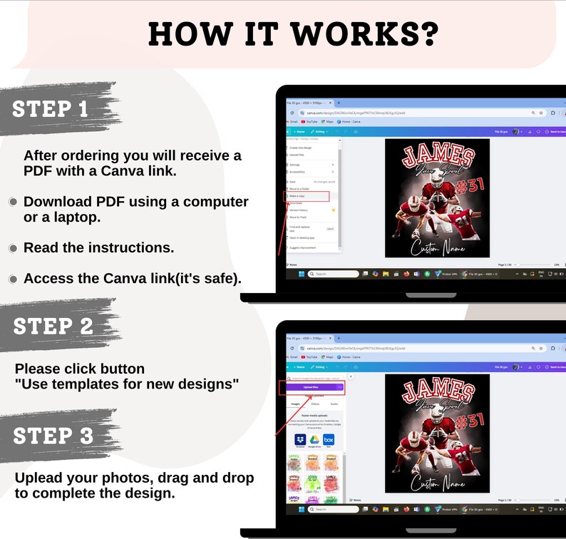 Puede incluir: Una gu&iacute;a paso a paso sobre c&oacute;mo usar Canva para crear un dise&ntilde;o personalizado. La gu&iacute;a incluye instrucciones sobre c&oacute;mo descargar un PDF con un enlace de Canva, acceder al enlace de Canva, hacer clic en el bot&oacute;n "Usar plantillas para nuevos dise&ntilde;os" y cargar fotos para completar el dise&ntilde;o. La imagen muestra la pantalla de una computadora port&aacute;til con una plantilla de dise&ntilde;o de Canva para una camiseta de f&uacute;tbol.