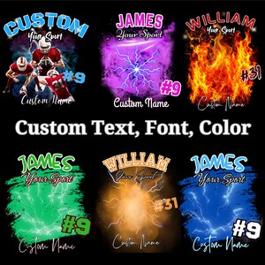 Puede incluir: Seis dise&ntilde;os diferentes para camisetas deportivas personalizables. Los dise&ntilde;os presentan una variedad de colores, incluyendo rojo, azul, verde, amarillo y naranja. Las camisetas tienen una variedad de gr&aacute;ficos, incluyendo rayos, llamas y jugadores de f&uacute;tbol. El texto en las camisetas incluye "Custom", "Your Sport", "James", "William", "#9" y "#31".
