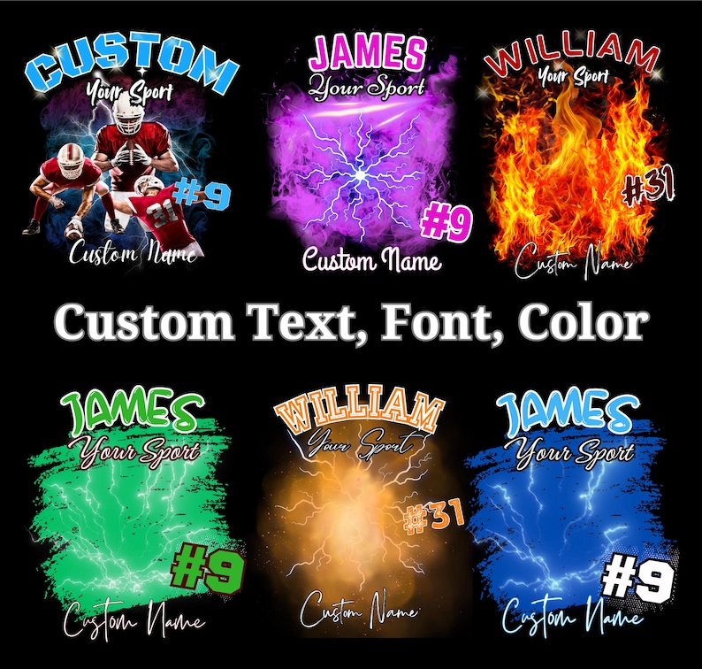 Puede incluir: Seis dise&ntilde;os diferentes para camisetas deportivas personalizables. Los dise&ntilde;os presentan una variedad de colores, incluyendo rojo, azul, verde, amarillo y naranja. Las camisetas tienen una variedad de gr&aacute;ficos, incluyendo rayos, llamas y jugadores de f&uacute;tbol. El texto en las camisetas incluye "Custom", "Your Sport", "James", "William", "#9" y "#31".