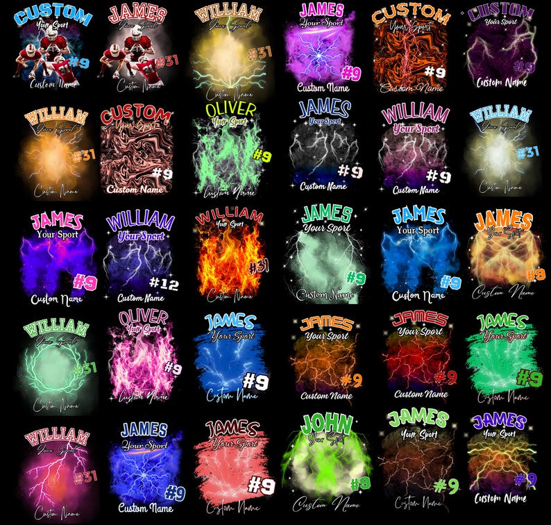 Puede incluir: Un collage de 20 dise&ntilde;os diferentes para camisetas deportivas personalizables. Las camisetas presentan varios colores, incluyendo azul, verde, rojo, naranja y morado. Cada camiseta tiene un nombre y un n&uacute;mero diferente impreso, como "James", "William", "Oliver" y "John". Las camisetas tambi&eacute;n presentan dise&ntilde;os de rayos y otros elementos gr&aacute;ficos.
