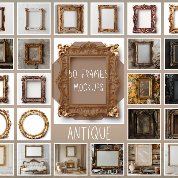 50 Antique Frame Mockup Bundle, Gold Bronze White Black Frames, Vintage Style, Victorian Style Frame Mockup, JPG PNG Digital Download