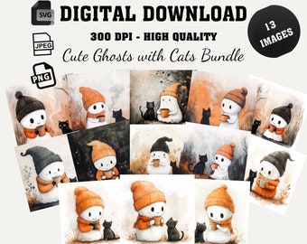 Cute Halloween Fall Ghost Clipart Bundle, Autumn Cat Coffee Mug Sticker Trending POD, Shirt Hoodie T-shirt Design, Digital Instant Download