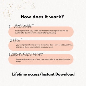 May include: Pink and white graphic with the text "How does it work?" and three steps: Purchase, Edit, and Download & Print. The text "Lifetime access/Instant Download" is at the bottom of the graphic.