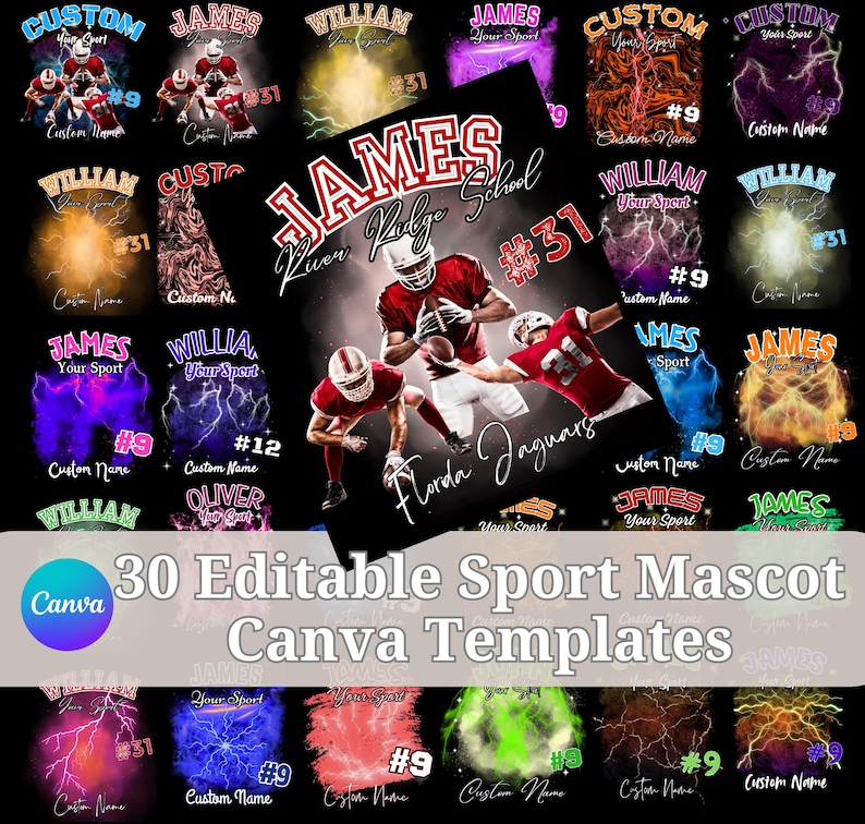 30 Editable Sport Mascot Canva Templates. A collage of 30 different sports mascot templates. The templates are all in a dark background with bright colors and lightning bolts. The templates are all customizable with text and images. The templates are perfect for creating custom sports mascots for teams, schools, and businesses.