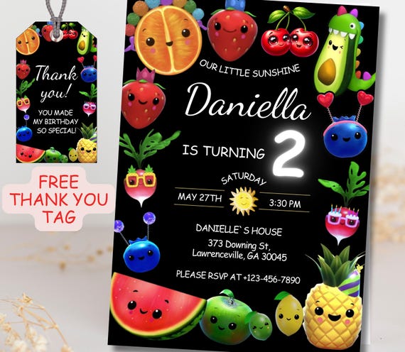 Hey Bear Dancing Fruit Boy Girl Birthday Invitation, Cartoon Fruits Veggies Sensory Kids Invite