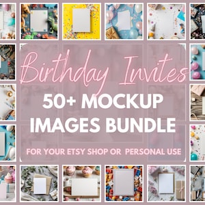 Más de 50 maquetas de tarjetas de invitación de cumpleaños, 5 x 7 imágenes, globos, pasteles, cupcakes, regalos, decoraciones, estilo de cumpleaños, descarga digital PNG/JPG
