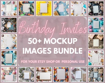 50+ Geburtstagseinladungskarte 5x7 PNG JPEG Mockup Bundle, helle Luftballons Konfetti Kuchen Geschenk