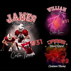 Puede incluir: Tres dise&ntilde;os diferentes para una camiseta deportiva con un jugador de f&uacute;tbol americano en acci&oacute;n. Las camisetas son rojas y blancas con fondo negro. El texto en las camisetas dice "JAMES Your Sport" y "WILLIAM Your Sport". Los n&uacute;meros de las camisetas son 31 y 9.