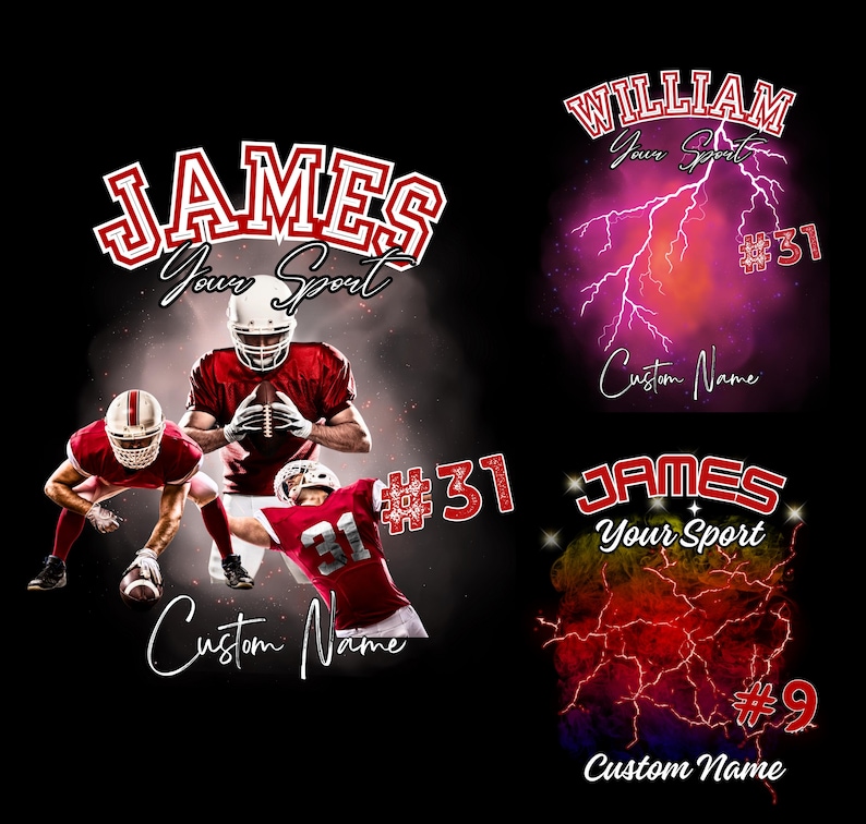Puede incluir: Tres dise&ntilde;os diferentes para una camiseta deportiva con un jugador de f&uacute;tbol americano en acci&oacute;n. Las camisetas son rojas y blancas con fondo negro. El texto en las camisetas dice "JAMES Your Sport" y "WILLIAM Your Sport". Los n&uacute;meros de las camisetas son 31 y 9.