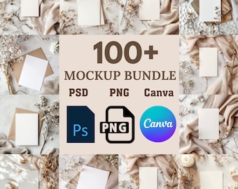 May include: A collage of images featuring blank white cards in various settings with dried flowers and fabric. The text "100+ MOCKUP BUNDLE PSD PNG Canva" is displayed in the center of the collage.