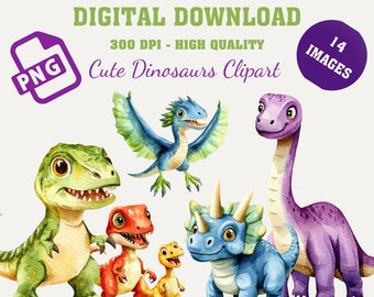 Watercolor Dinosaur PNG Clipart Bundle, Birthday Decor Nursery Art Dino Trex Pterodactyl Triceratops Raptor