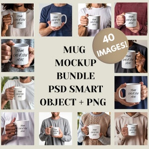 Può includere: Un set di 40 mockup di tazze con diverse persone che tengono tazze bianche con il testo "YOUR CREATION HERE" stampato su di esse. I mockup sono in formato PSD oggetto intelligente e PNG.