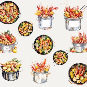 May include: A watercolor illustration of nine pots of seafood boil. The pots are filled with shrimp, crawfish, corn on the cob, potatoes, and other vegetables. The pots are all different sizes and shapes, and some have lids.