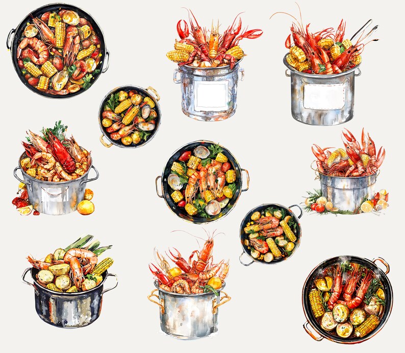 May include: A watercolor illustration of nine pots of seafood boil. The pots are filled with shrimp, crawfish, corn on the cob, potatoes, and other vegetables. The pots are all different sizes and shapes, and some have lids.