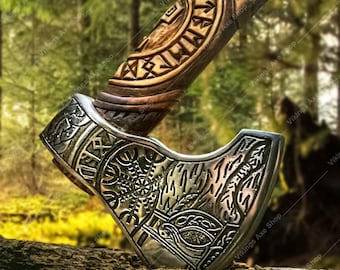 Christmas Gift Norse VIKING AXE with Wood Shaft, High Carbon Steel Bearded Camping Axes, Wedding Birthday & Anniversary Gift For Him