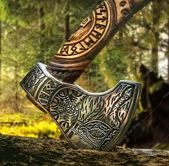 Christmas Gift Norse VIKING AXE with Wood Shaft, High Carbon Steel Bearded Camping Axes, Wedding Birthday & Anniversary Gift For Him