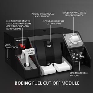 ¡NUEVO! Panel de ajuste Prodesksim independiente para B737, B757/767, B777 y B787 con corte de combustible, freno automático, freno de estacionamiento y estabilizador.
