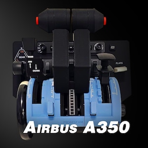 May include: A blue and black Airbus A350 flight simulator control panel with a gear lever, arm/disarm switch, and two throttle levers. The panel has a black background with white text and labels.