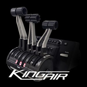 May include: A black and silver aircraft throttle quadrant with multiple levers and switches. The text "GO AROUND" is visible on one lever. The word "KINGAIR" is displayed in white at the bottom.