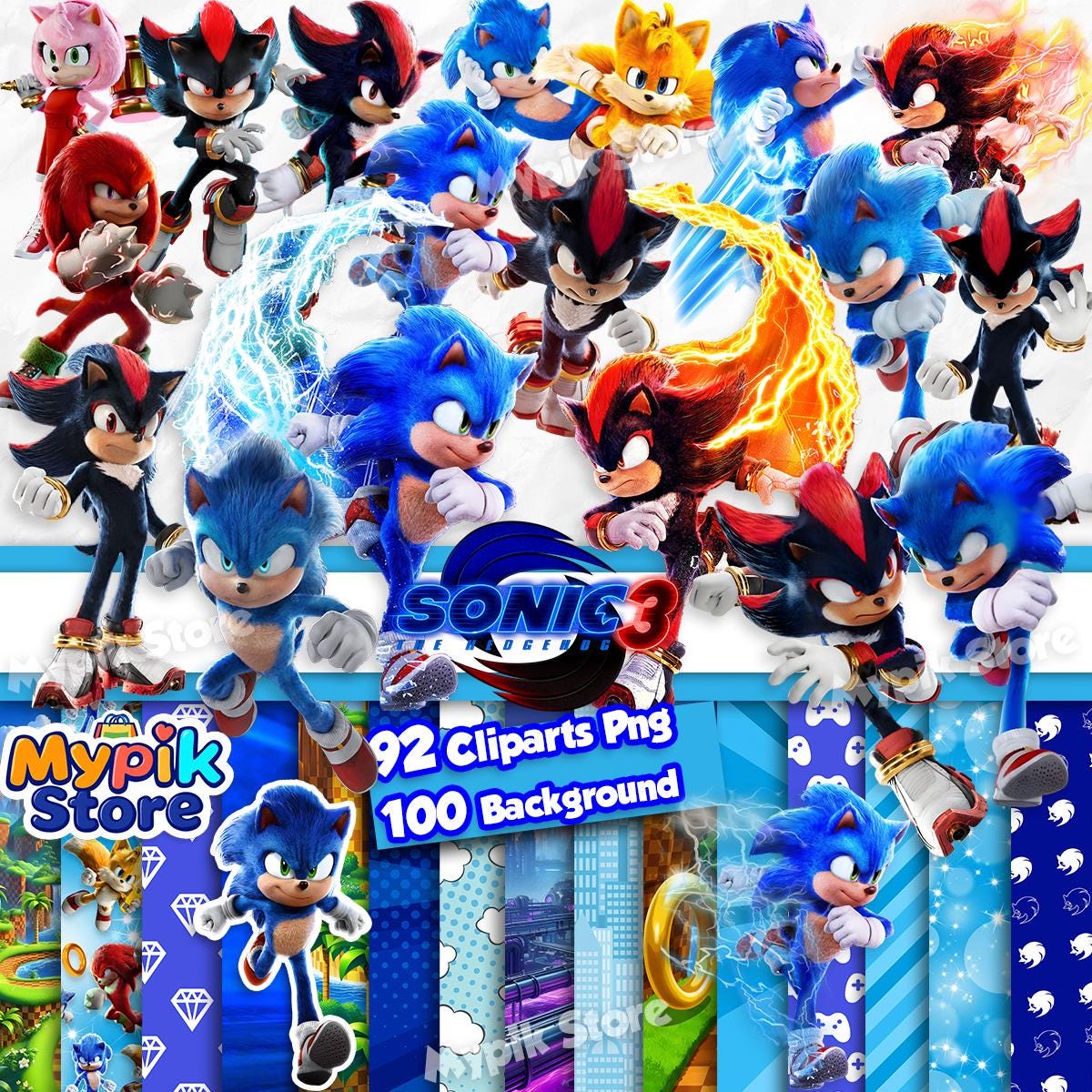Sonic 3 Digital Kit - 92 Sonic & Shadow PNG Cliparts + 100 Backgrounds | Instant Download