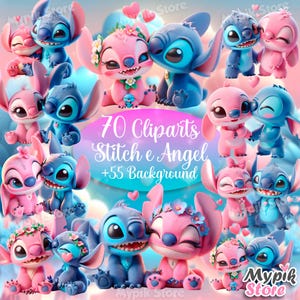 Kit digital de Stitch y Ángel: Bebé adorable / 70 imágenes PNG + 55 fondos temáticos / Descarga instantánea