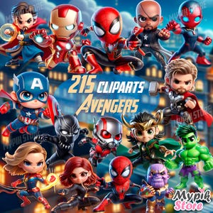 Avengers Cute Clipart Digital Kit – 215 PNG + 35 Backgrounds + Font | High Resolution