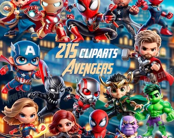 Avengers Cute Clipart Digital Kit – 215 PNG + 35 Backgrounds + Font | High Resolution