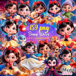 Kit numérique Blanche-Neige et les sept nains – 159 images PNG et 145 arrière-plans numériques | Téléchargement instantané