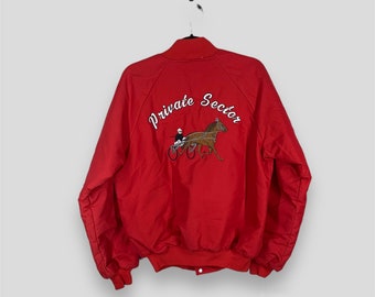 Vintage 80s Red Harness Racing Varsity Jacket - Personalized Pat Embroidery & Private Sector Statement