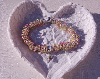 Sterling Silver & Gold Pink Topaz And Peridot Heart Charm Bracelet