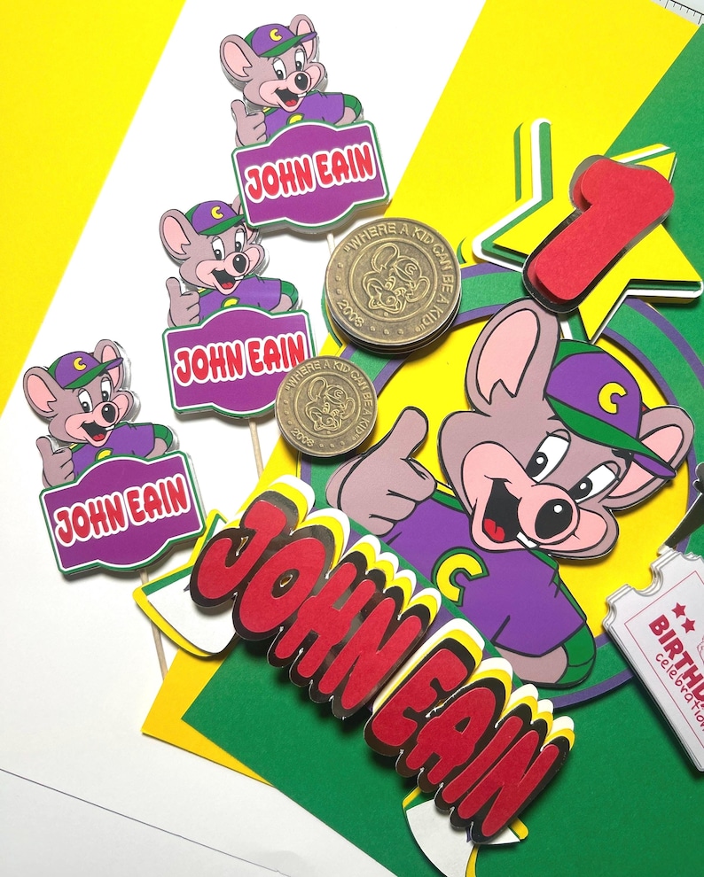 Chuck E Cheese Cake topper | Pizza Party | Pizza Birthday Cake Topper afbeelding 12