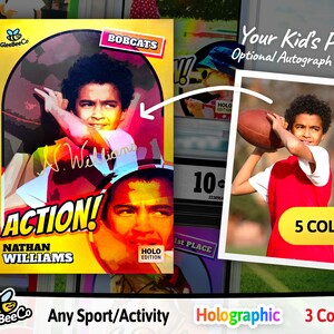 Action! Custom Sports Card for Kids (3 Copies) - Holographic - Your Child&#39;s Photo/Name - Personalized Gift - Baseball, Football, Any Sport