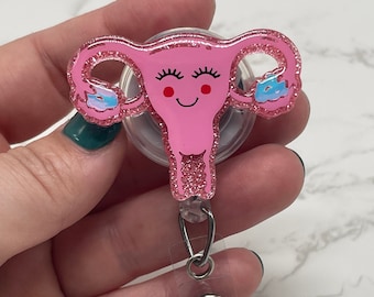Uterus Badge Reel—OBGYN Badge Reel—Cute Uterus Badge Reel—Ovaries Badge Reel—Pink Badge Reels—Medical Themed Badge Reels—Glitter Badge Reels