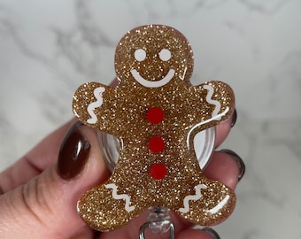 Gingerbread Retractable Badge Reel, Christmas ID Holder, Winter Glitter RN Key Card, Hospital Nurse Gift, Medical Tag, Stocking Stuffer