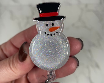 Glitter Snowman Retractable Badge Reel, Christmas Nurse Gift