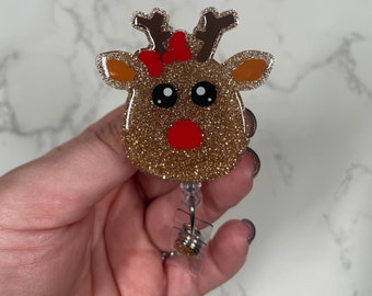 Reindeer Retractable Badge Reel, Christmas ID Holder, Cute Acrylic Glitter RN Key Card, Hospital Nurse Gift, Winter Holiday Stocking Stuffer