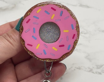 Pink Donut Badge Reel, Glitter Nurse ID Holder, Sweet Treat