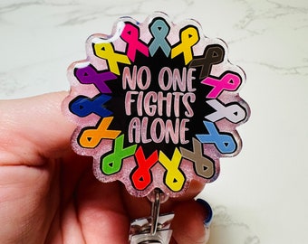 No One Fights Alone Badge Reel, Awareness Ribbon ID Clip