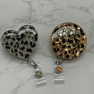 Carrete de insignia retráctil Cheetah Print, Gold Leopard Print ID Holder, Tiger King Glitter RN Key Card, Hospital Nurse Gift, Medical ID Holder
