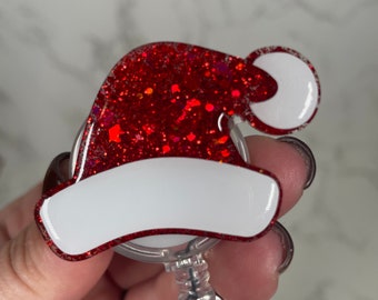 Santa Hat Retractable Badge Reel, Christmas ID Holder, Winter Glitter RN Key Card, Hospital Nurse Gift, Medical Pull Tag, Stocking Stuffer