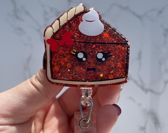 Glitter Pumpkin Pie Slice Badge Reel, Fall Thanksgiving ID Holder