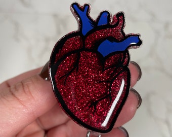 Heart Retractable Badge Reel, Red Glitter Anatomy ID Holder, Nurse Gift